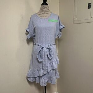 Michael Kors Textured Ruffle Sleeve Faux Wrap Dress Blue White Size 2X-rare find